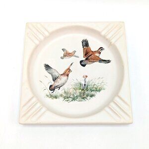 Vintage MCM Hyalyn Stoneware Ashtray Quail Hunting Scene Man Cave Lodge Cabin 7"